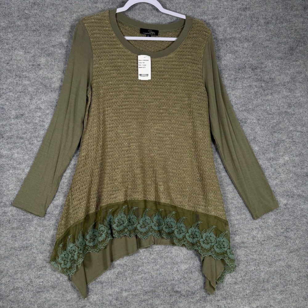 Suzanne Betro Size-L Tunic Top Olive Green Lace Trim Sharkbite Long Sleeve - Picture 1 of 10